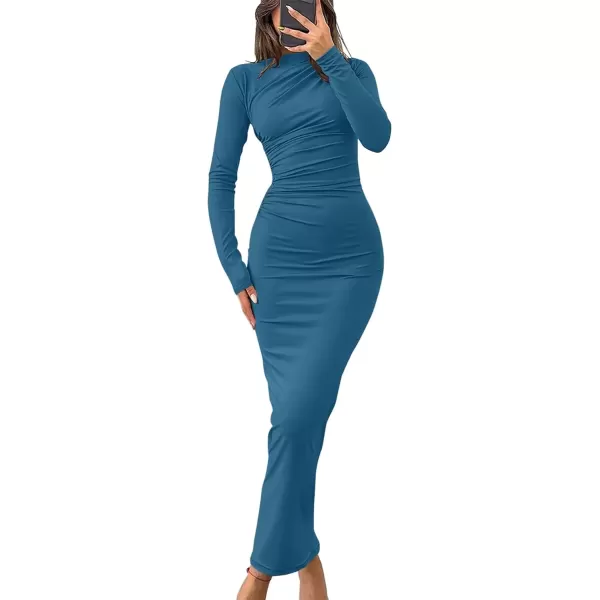 imageZESICA Womens Long Sleeve Bodycon Maxi Dresses 2024 Fall Knit Slim Fit Ruched Sexy Elegant Cocktail Party DressTeal