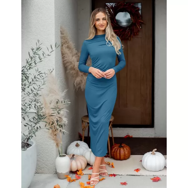 imageZESICA Womens Long Sleeve Bodycon Maxi Dresses 2024 Fall Knit Slim Fit Ruched Sexy Elegant Cocktail Party DressTeal