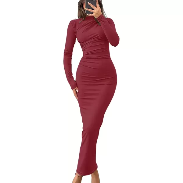 imageZESICA Womens Long Sleeve Bodycon Maxi Dresses 2024 Fall Knit Slim Fit Ruched Sexy Elegant Cocktail Party DressWine