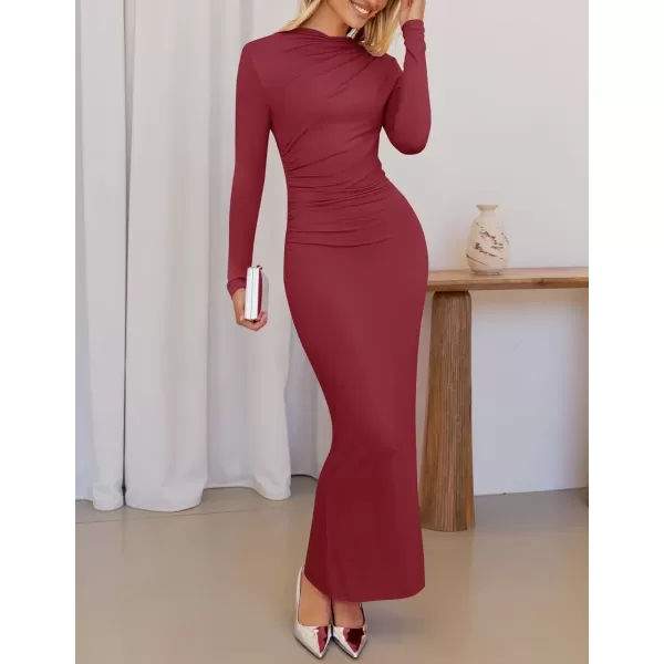 imageZESICA Womens Long Sleeve Bodycon Maxi Dresses 2024 Fall Knit Slim Fit Ruched Sexy Elegant Cocktail Party DressWine