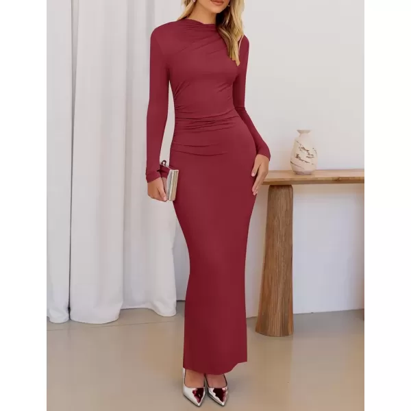 imageZESICA Womens Long Sleeve Bodycon Maxi Dresses 2024 Fall Knit Slim Fit Ruched Sexy Elegant Cocktail Party DressWine