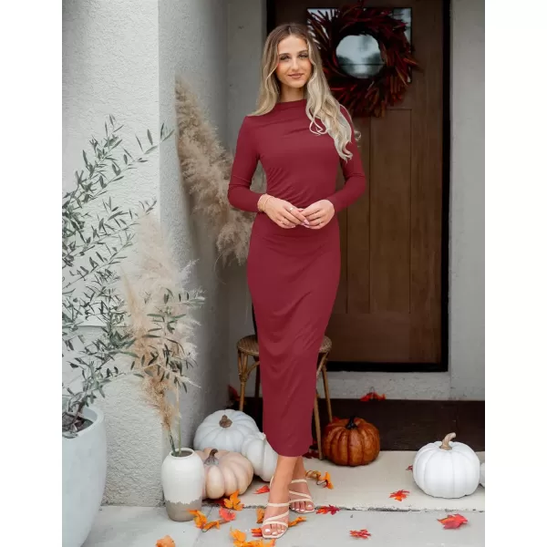imageZESICA Womens Long Sleeve Bodycon Maxi Dresses 2024 Fall Knit Slim Fit Ruched Sexy Elegant Cocktail Party DressWine
