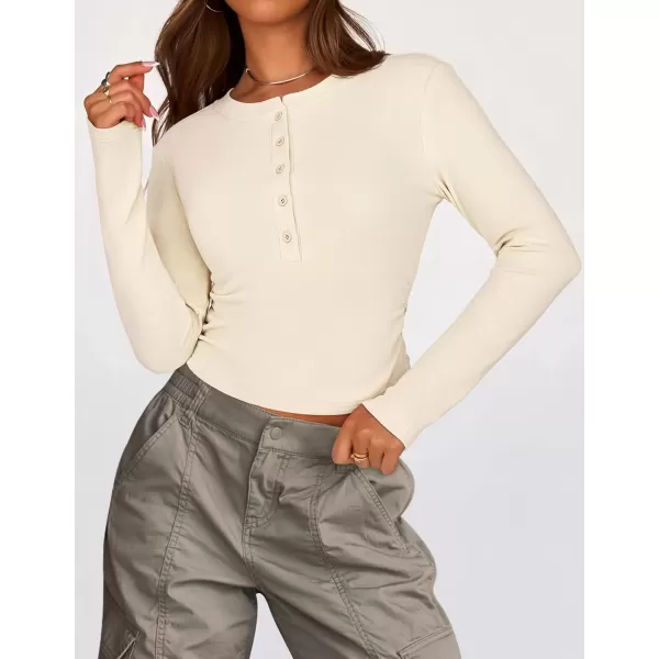 imageZESICA Womens Long Sleeve Crew Neck Shirts 2024 Fall Button Down Slim Fitted Knit Basic Tops Fleece Lined Pullover SweaterApricot