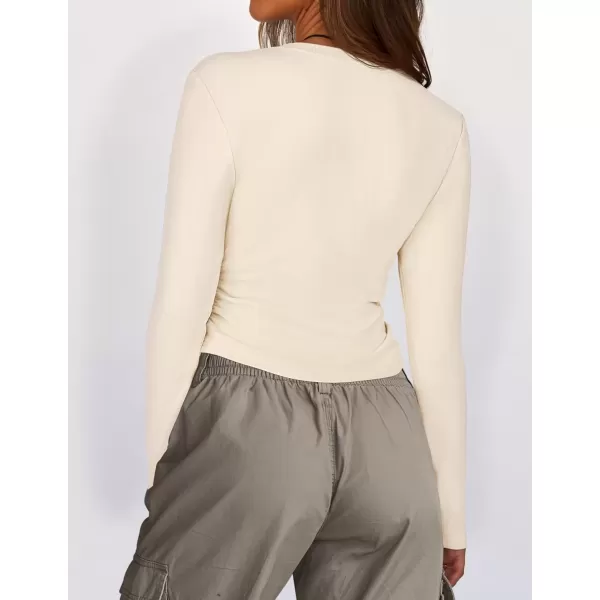 imageZESICA Womens Long Sleeve Crew Neck Shirts 2024 Fall Button Down Slim Fitted Knit Basic Tops Fleece Lined Pullover SweaterApricot