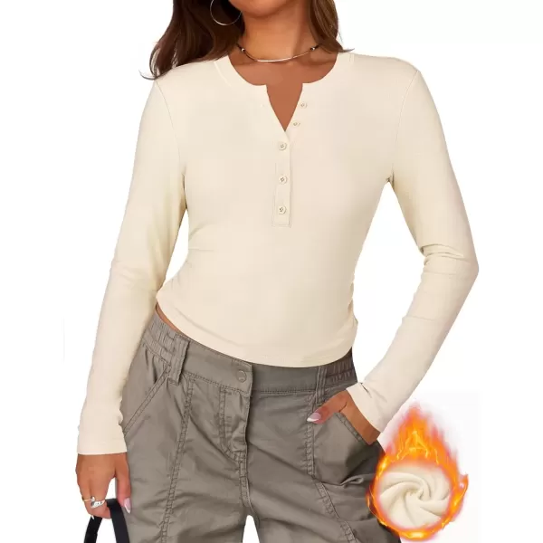 imageZESICA Womens Long Sleeve Crew Neck Shirts 2024 Fall Button Down Slim Fitted Knit Basic Tops Fleece Lined Pullover SweaterApricot