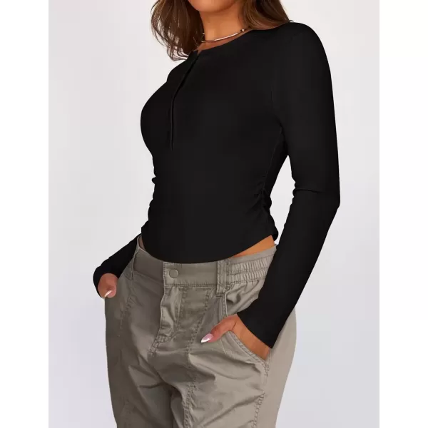 imageZESICA Womens Long Sleeve Crew Neck Shirts 2024 Fall Button Down Slim Fitted Knit Basic Tops Fleece Lined Pullover SweaterBlack