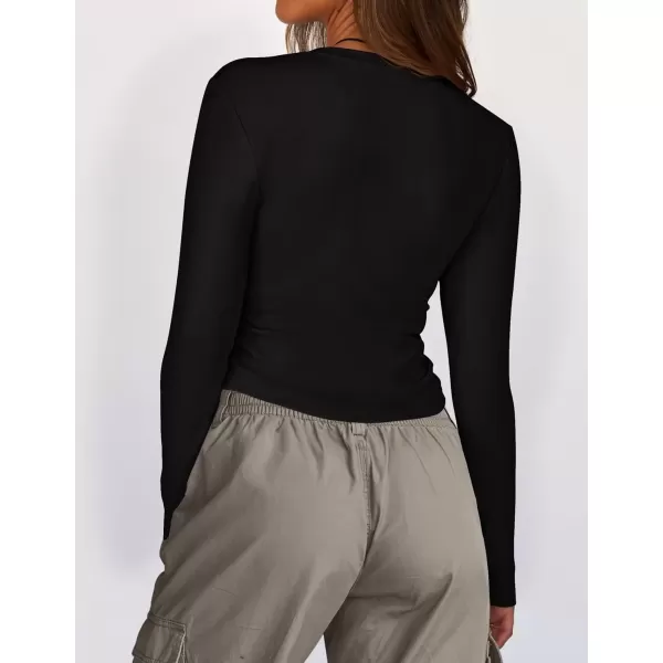 imageZESICA Womens Long Sleeve Crew Neck Shirts 2024 Fall Button Down Slim Fitted Knit Basic Tops Fleece Lined Pullover SweaterBlack