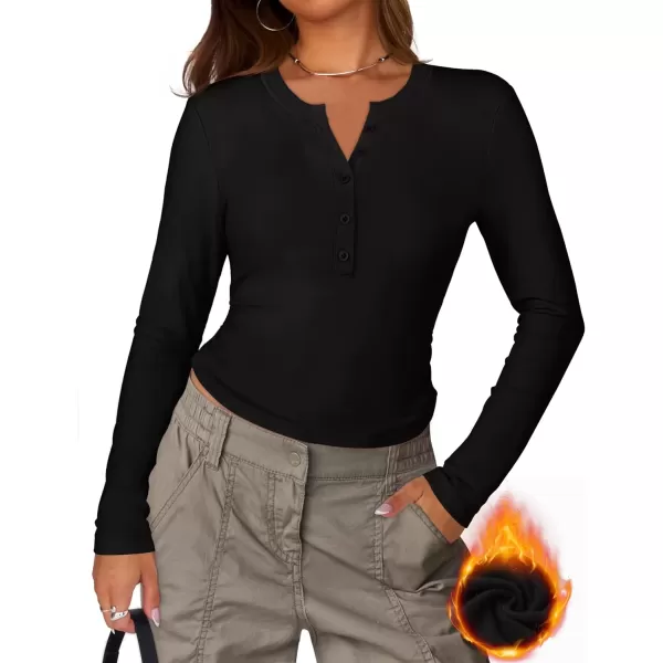 imageZESICA Womens Long Sleeve Crew Neck Shirts 2024 Fall Button Down Slim Fitted Knit Basic Tops Fleece Lined Pullover SweaterBlack