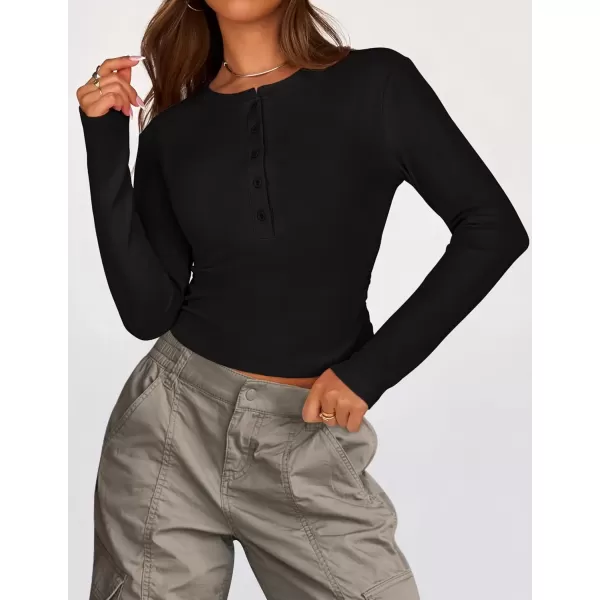 imageZESICA Womens Long Sleeve Crew Neck Shirts 2024 Fall Button Down Slim Fitted Knit Basic Tops Fleece Lined Pullover SweaterBlack