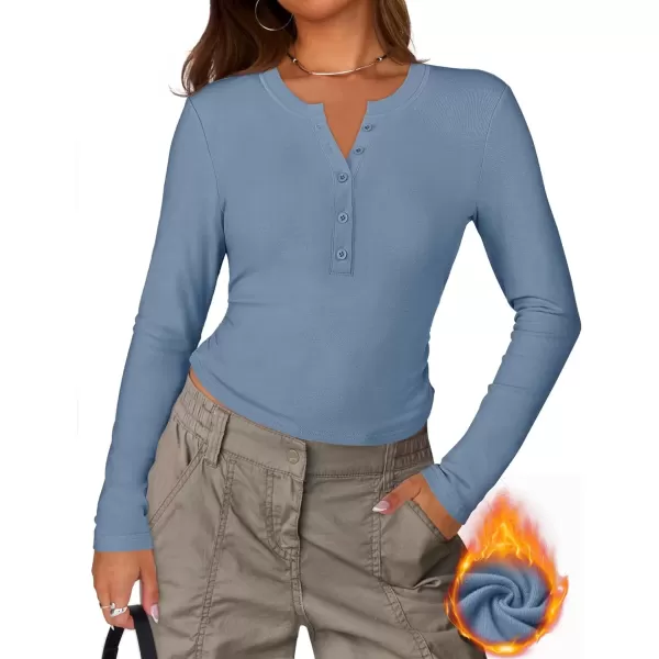 imageZESICA Womens Long Sleeve Crew Neck Shirts 2024 Fall Button Down Slim Fitted Knit Basic Tops Fleece Lined Pullover SweaterDusty Blue