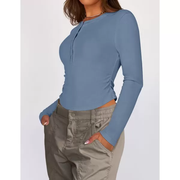 imageZESICA Womens Long Sleeve Crew Neck Shirts 2024 Fall Button Down Slim Fitted Knit Basic Tops Fleece Lined Pullover SweaterDusty Blue