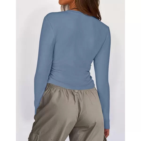 imageZESICA Womens Long Sleeve Crew Neck Shirts 2024 Fall Button Down Slim Fitted Knit Basic Tops Fleece Lined Pullover SweaterDusty Blue