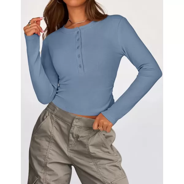 imageZESICA Womens Long Sleeve Crew Neck Shirts 2024 Fall Button Down Slim Fitted Knit Basic Tops Fleece Lined Pullover SweaterDusty Blue
