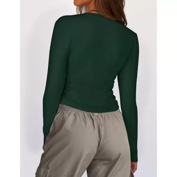 imageZESICA Womens Long Sleeve Crew Neck Shirts 2024 Fall Button Down Slim Fitted Knit Basic Tops Fleece Lined Pullover SweaterGreen