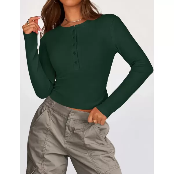 imageZESICA Womens Long Sleeve Crew Neck Shirts 2024 Fall Button Down Slim Fitted Knit Basic Tops Fleece Lined Pullover SweaterGreen