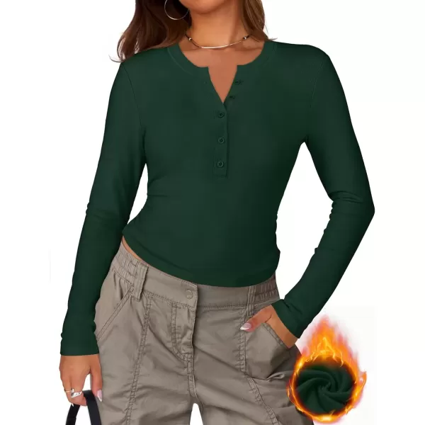imageZESICA Womens Long Sleeve Crew Neck Shirts 2024 Fall Button Down Slim Fitted Knit Basic Tops Fleece Lined Pullover SweaterGreen