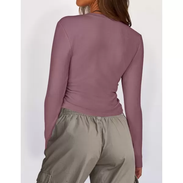imageZESICA Womens Long Sleeve Crew Neck Shirts 2024 Fall Button Down Slim Fitted Knit Basic Tops Fleece Lined Pullover SweaterPurple