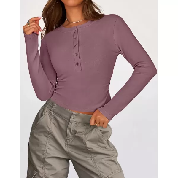 imageZESICA Womens Long Sleeve Crew Neck Shirts 2024 Fall Button Down Slim Fitted Knit Basic Tops Fleece Lined Pullover SweaterPurple