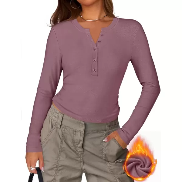 imageZESICA Womens Long Sleeve Crew Neck Shirts 2024 Fall Button Down Slim Fitted Knit Basic Tops Fleece Lined Pullover SweaterPurple