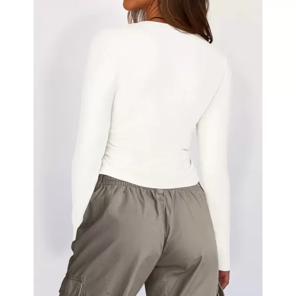 imageZESICA Womens Long Sleeve Crew Neck Shirts 2024 Fall Button Down Slim Fitted Knit Basic Tops Fleece Lined Pullover SweaterWhite