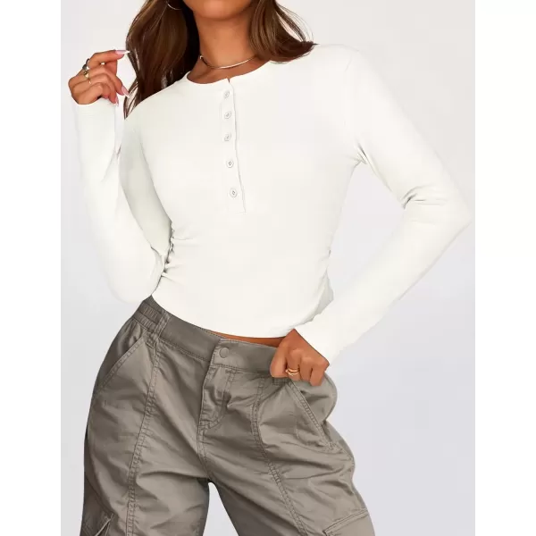 imageZESICA Womens Long Sleeve Crew Neck Shirts 2024 Fall Button Down Slim Fitted Knit Basic Tops Fleece Lined Pullover SweaterWhite