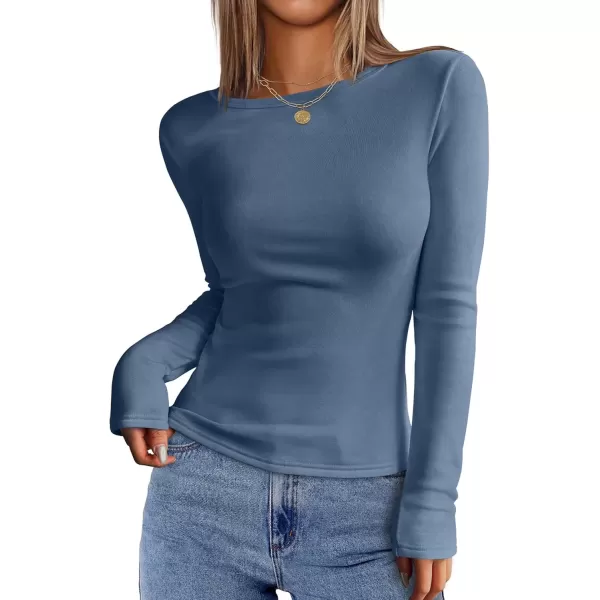 imageZESICA Womens Long Sleeve Crewneck Fleece Shirts 2024 Fall Winter Thermal Casual Slim Fit Pullover TopsDusty Blue