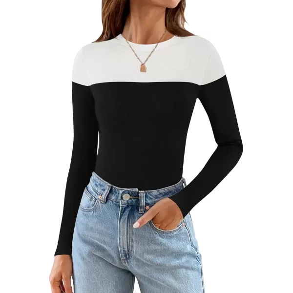 imageZESICA Womens Long Sleeve Crewneck Shirts 2024 Fall Knit Color Block Sweaters Slim Fitted Casual Basic Tee TopsBlack