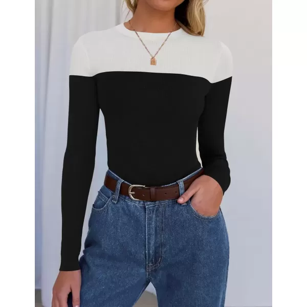 imageZESICA Womens Long Sleeve Crewneck Shirts 2024 Fall Knit Color Block Sweaters Slim Fitted Casual Basic Tee TopsBlack