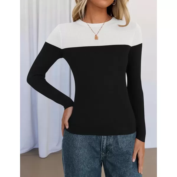 imageZESICA Womens Long Sleeve Crewneck Shirts 2024 Fall Knit Color Block Sweaters Slim Fitted Casual Basic Tee TopsBlack