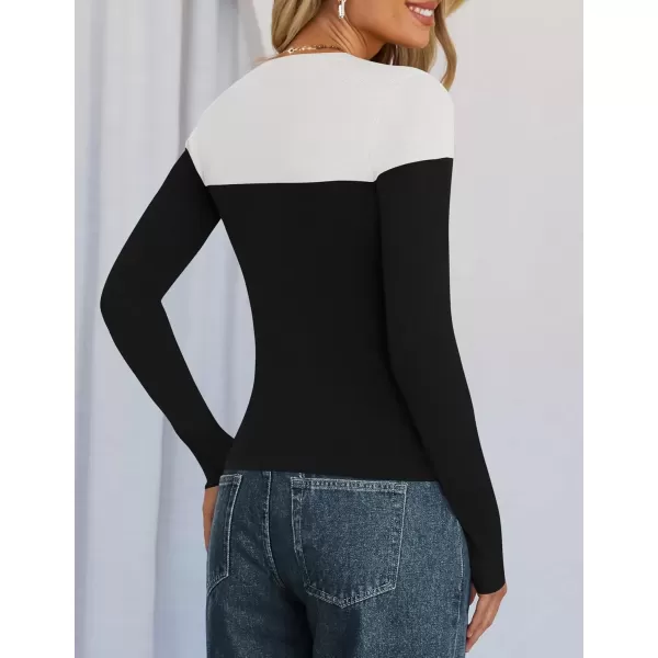 imageZESICA Womens Long Sleeve Crewneck Shirts 2024 Fall Knit Color Block Sweaters Slim Fitted Casual Basic Tee TopsBlack