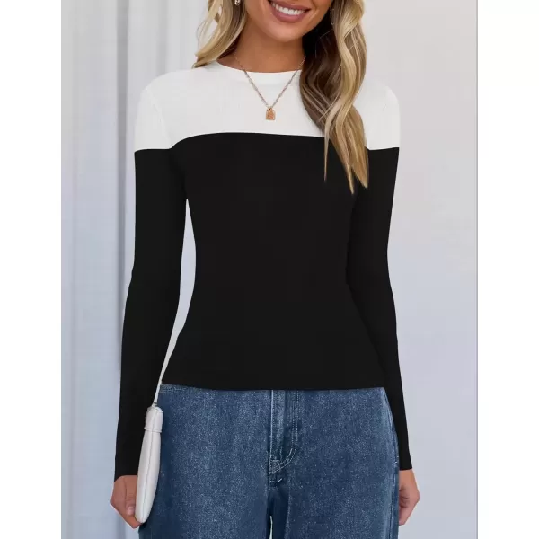 imageZESICA Womens Long Sleeve Crewneck Shirts 2024 Fall Knit Color Block Sweaters Slim Fitted Casual Basic Tee TopsBlack