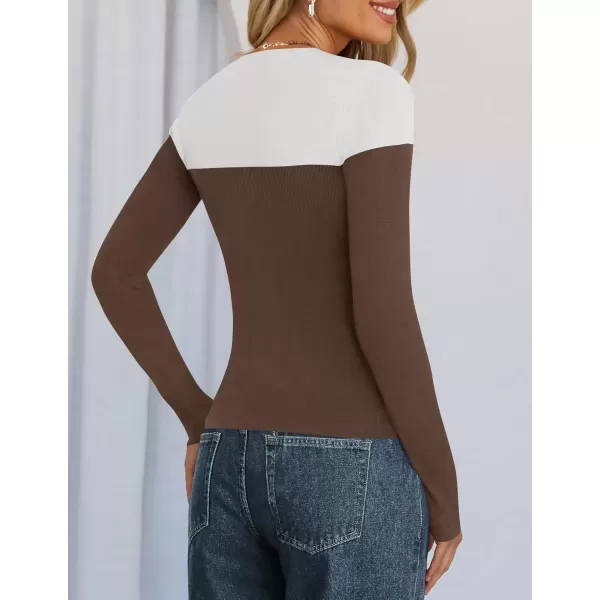 imageZESICA Womens Long Sleeve Crewneck Shirts 2024 Fall Knit Color Block Sweaters Slim Fitted Casual Basic Tee TopsCoffee