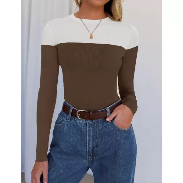 imageZESICA Womens Long Sleeve Crewneck Shirts 2024 Fall Knit Color Block Sweaters Slim Fitted Casual Basic Tee TopsCoffee