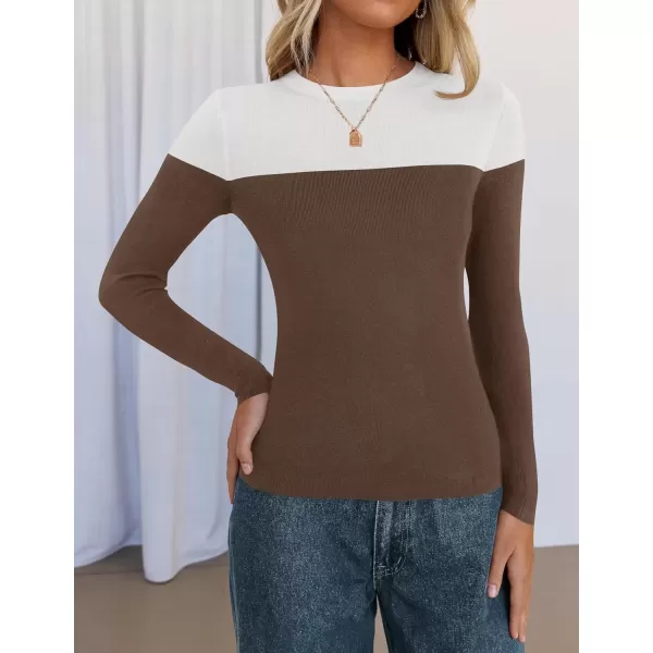 imageZESICA Womens Long Sleeve Crewneck Shirts 2024 Fall Knit Color Block Sweaters Slim Fitted Casual Basic Tee TopsCoffee