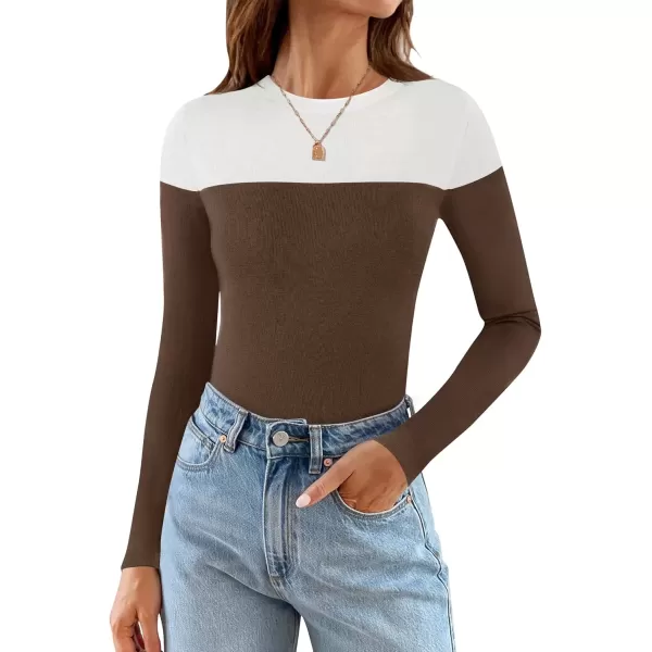 imageZESICA Womens Long Sleeve Crewneck Shirts 2024 Fall Knit Color Block Sweaters Slim Fitted Casual Basic Tee TopsCoffee