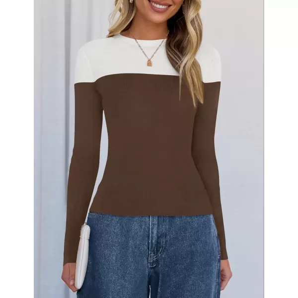 imageZESICA Womens Long Sleeve Crewneck Shirts 2024 Fall Knit Color Block Sweaters Slim Fitted Casual Basic Tee TopsCoffee