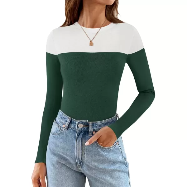 imageZESICA Womens Long Sleeve Crewneck Shirts 2024 Fall Knit Color Block Sweaters Slim Fitted Casual Basic Tee TopsDark Green