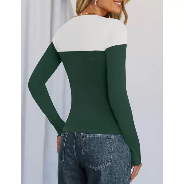 imageZESICA Womens Long Sleeve Crewneck Shirts 2024 Fall Knit Color Block Sweaters Slim Fitted Casual Basic Tee TopsDark Green