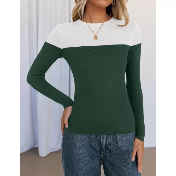 imageZESICA Womens Long Sleeve Crewneck Shirts 2024 Fall Knit Color Block Sweaters Slim Fitted Casual Basic Tee TopsDark Green