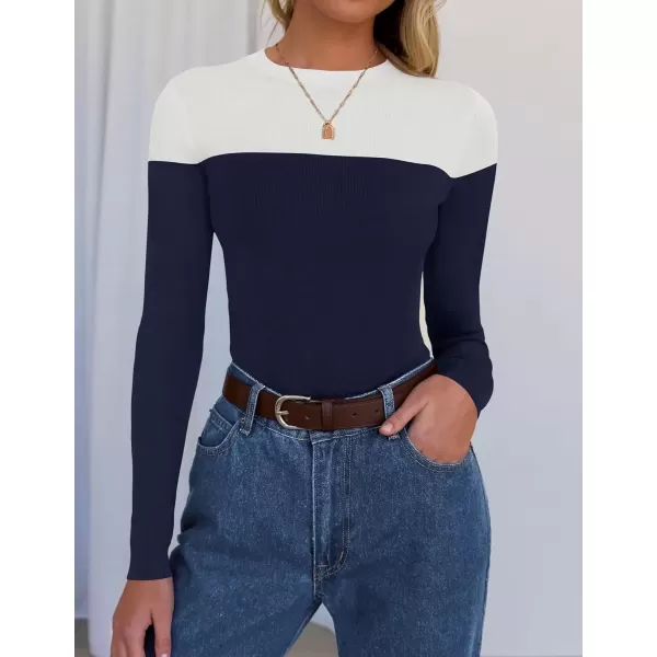 imageZESICA Womens Long Sleeve Crewneck Shirts 2024 Fall Knit Color Block Sweaters Slim Fitted Casual Basic Tee TopsNavy