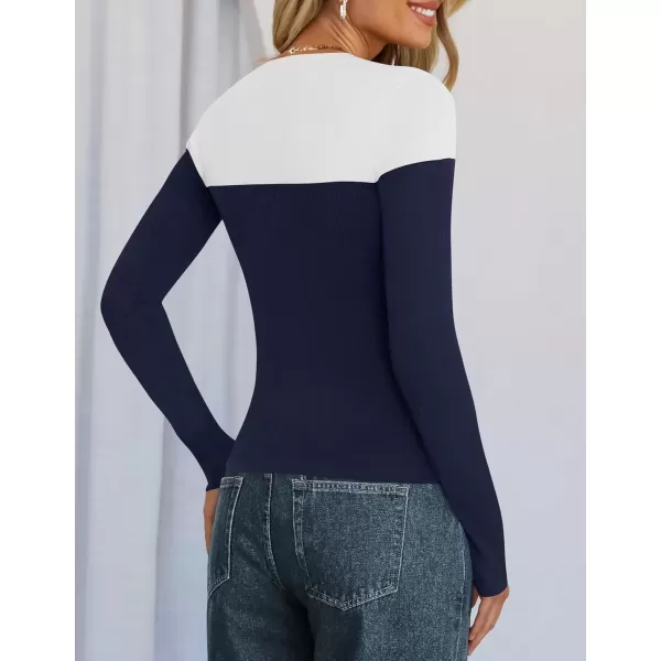 imageZESICA Womens Long Sleeve Crewneck Shirts 2024 Fall Knit Color Block Sweaters Slim Fitted Casual Basic Tee TopsNavy