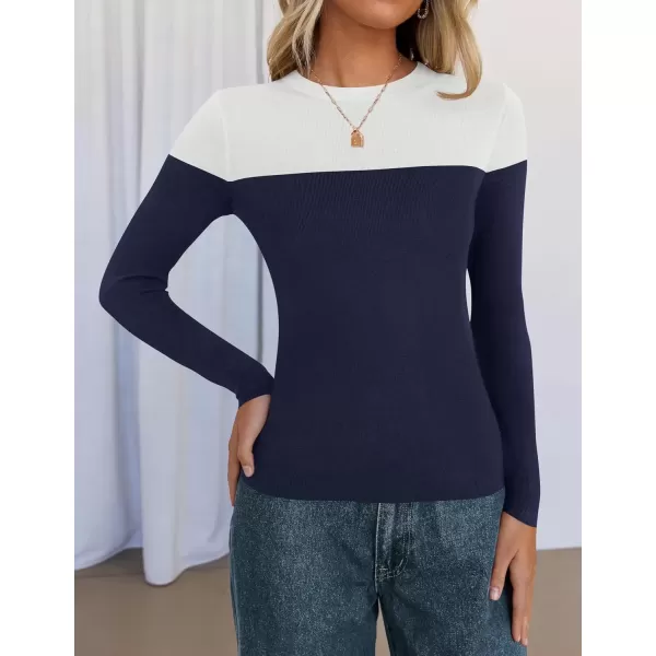 imageZESICA Womens Long Sleeve Crewneck Shirts 2024 Fall Knit Color Block Sweaters Slim Fitted Casual Basic Tee TopsNavy