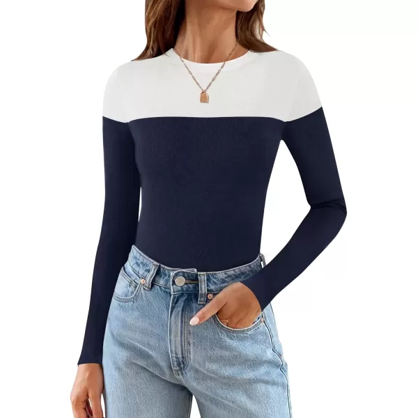 imageZESICA Womens Long Sleeve Crewneck Shirts 2024 Fall Knit Color Block Sweaters Slim Fitted Casual Basic Tee TopsNavy