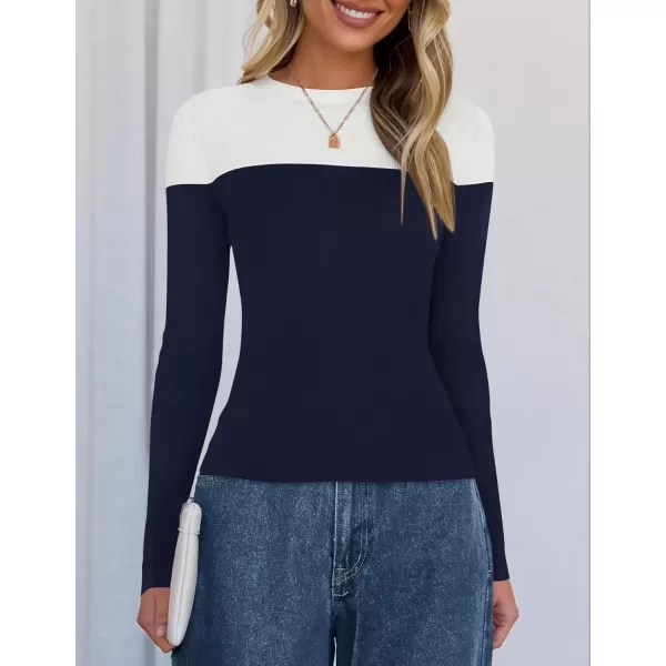 imageZESICA Womens Long Sleeve Crewneck Shirts 2024 Fall Knit Color Block Sweaters Slim Fitted Casual Basic Tee TopsNavy