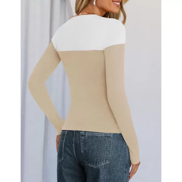 imageZESICA Womens Long Sleeve Crewneck Shirts 2024 Fall Knit Color Block Sweaters Slim Fitted Casual Basic Tee TopsSand