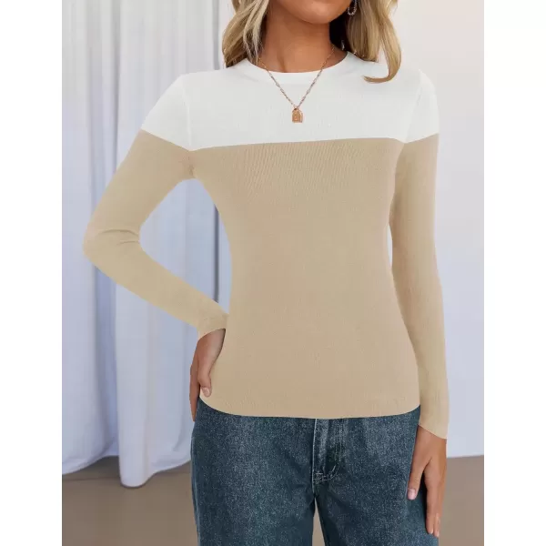 imageZESICA Womens Long Sleeve Crewneck Shirts 2024 Fall Knit Color Block Sweaters Slim Fitted Casual Basic Tee TopsSand