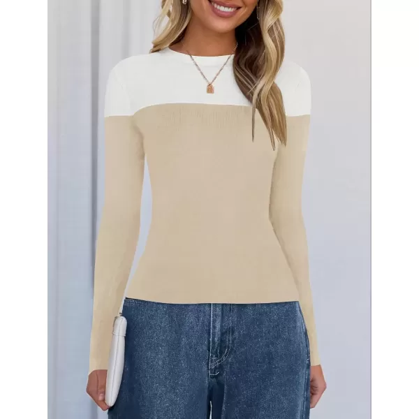 imageZESICA Womens Long Sleeve Crewneck Shirts 2024 Fall Knit Color Block Sweaters Slim Fitted Casual Basic Tee TopsSand