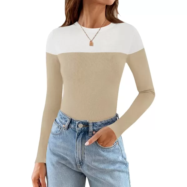 imageZESICA Womens Long Sleeve Crewneck Shirts 2024 Fall Knit Color Block Sweaters Slim Fitted Casual Basic Tee TopsSand