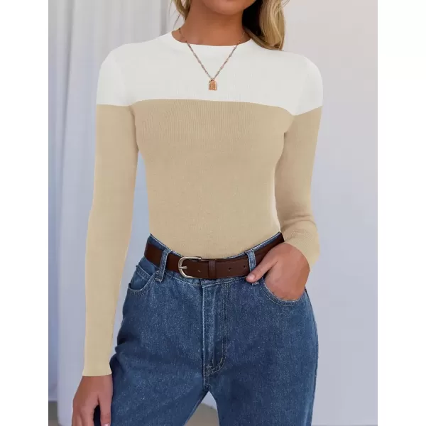 imageZESICA Womens Long Sleeve Crewneck Shirts 2024 Fall Knit Color Block Sweaters Slim Fitted Casual Basic Tee TopsSand