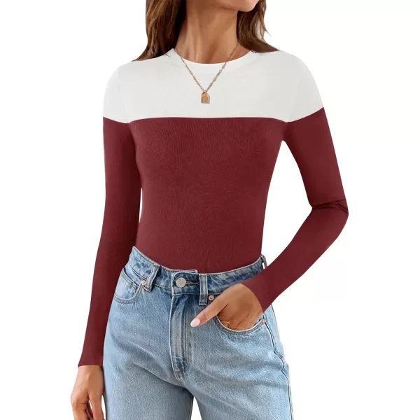imageZESICA Womens Long Sleeve Crewneck Shirts 2024 Fall Knit Color Block Sweaters Slim Fitted Casual Basic Tee TopsWine Red